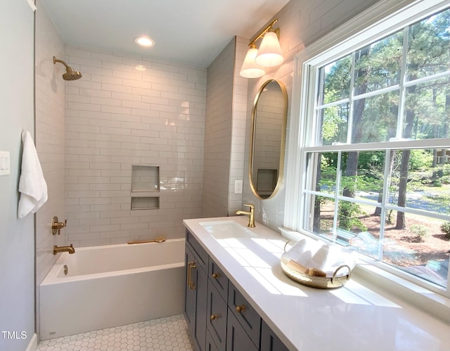 bathroom featuring vanity, shower / tub combination, and tile patterned floors