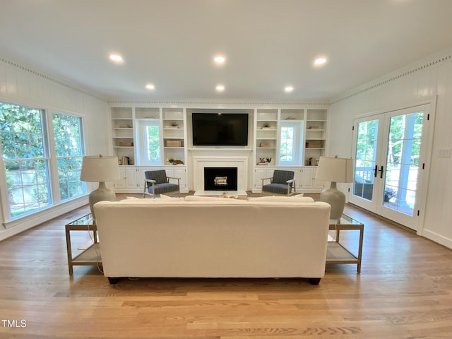 living room featuring light wood-style floors, ornamental molding, a fireplace, and a wealth of natural light