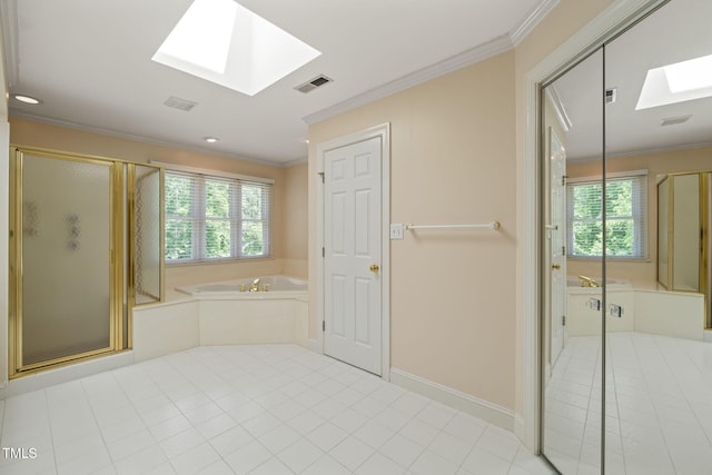 full bath with a skylight, crown molding, and visible vents