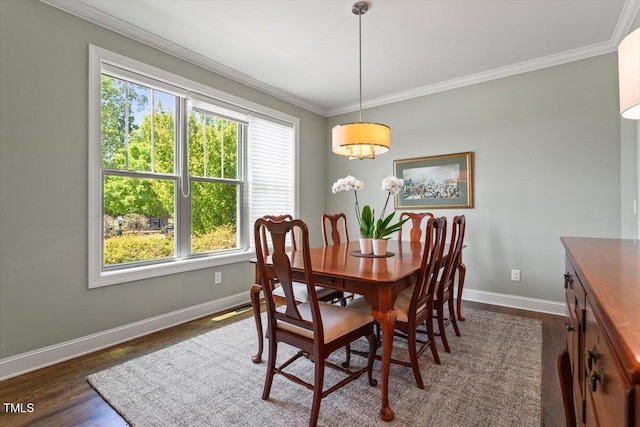 dining room featuring baseboards, dark wood finished floors, ornamental molding, and a healthy amount of sunlight