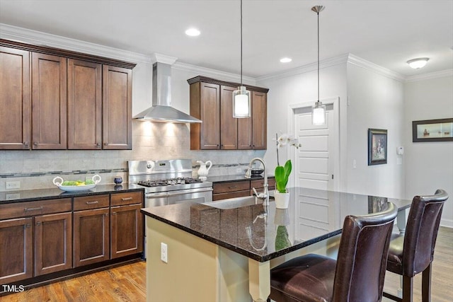 kitchen featuring a sink, light wood finished floors, stainless steel gas range oven, and wall chimney range hood