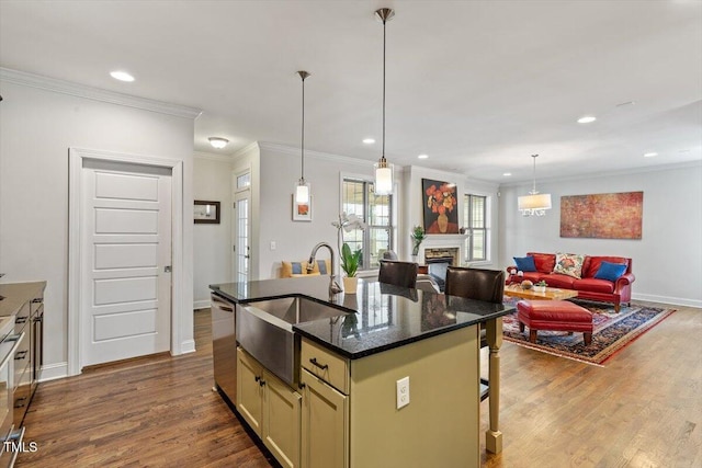 kitchen featuring dark wood-style flooring, a breakfast bar, a sink, a fireplace, and dishwasher