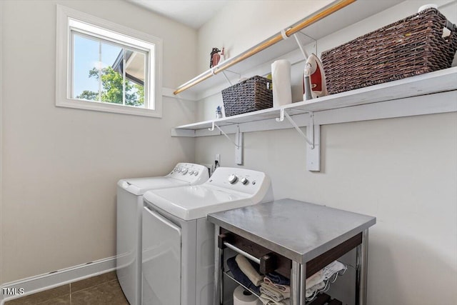 laundry room featuring laundry area, baseboards, independent washer and dryer, and dark tile patterned floors