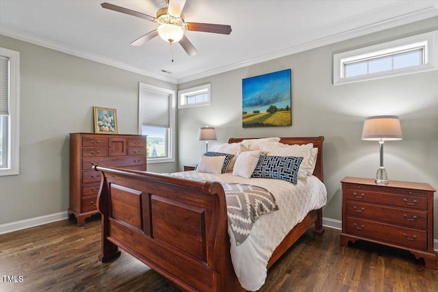 bedroom featuring crown molding, ceiling fan, baseboards, visible vents, and dark wood-style floors