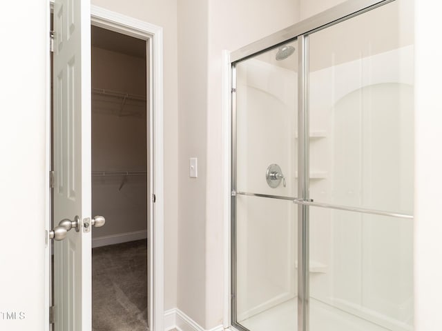 bathroom featuring baseboards, a shower stall, and a spacious closet