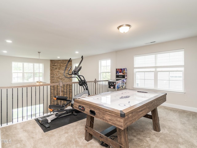 rec room with baseboards, recessed lighting, and carpet floors