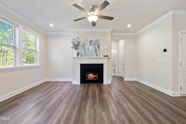 425 Shadow Falls Dr, Wendell, NC 27591 - unfurnished living room featuring baseboards, a warm lit fireplace, dark wood finished floors, ceiling fan, and recessed lighting