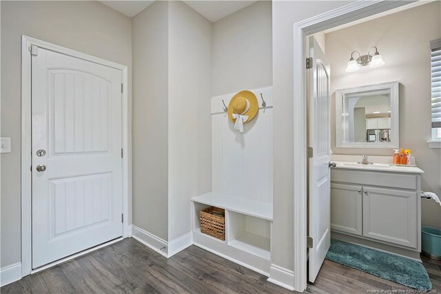 6528 Carswell Dr, Fayetteville, NC 28311 - mudroom with dark wood-type flooring, a sink, and baseboards