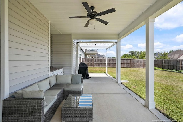 6528 Carswell Dr, Fayetteville, NC 28311 - view of patio featuring an outdoor living space, a ceiling fan, and a fenced backyard
