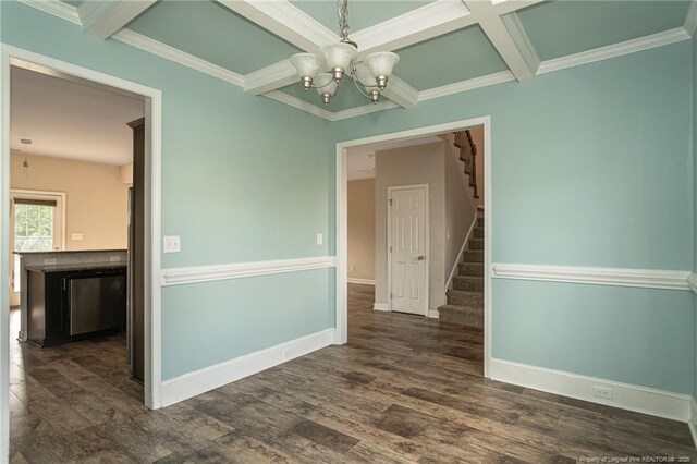 2109 Stonewash Dr, Fayetteville, NC 28306 - empty room featuring dark wood finished floors, stairway, baseboards, an inviting chandelier, and coffered ceiling