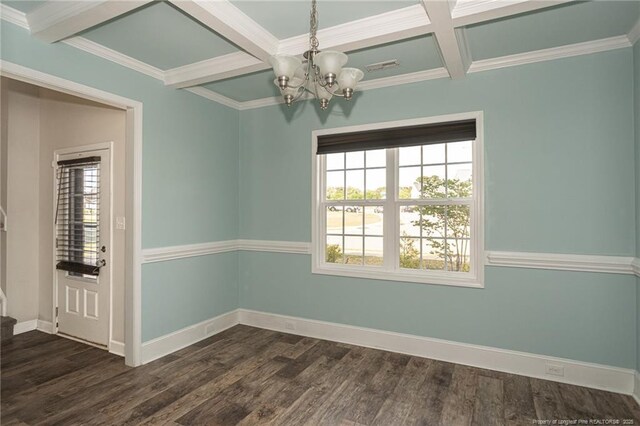 2109 Stonewash Dr, Fayetteville, NC 28306 - unfurnished dining area with dark wood-style flooring, a notable chandelier, beam ceiling, baseboards, and coffered ceiling