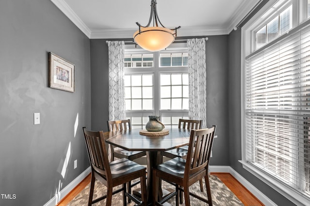 dining space featuring crown molding, baseboards, plenty of natural light, and wood finished floors