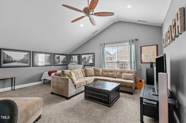living area featuring visible vents, light carpet, recessed lighting, a ceiling fan, and vaulted ceiling