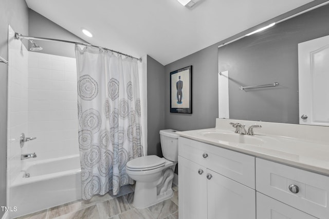 bathroom with vanity, vaulted ceiling, toilet, and shower / tub combo with curtain