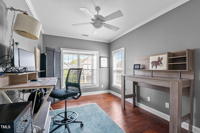 home office with visible vents, ornamental molding, wood finished floors, baseboards, and ceiling fan