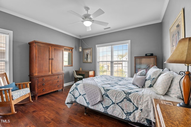bedroom featuring visible vents, a ceiling fan, crown molding, and dark wood-style floors