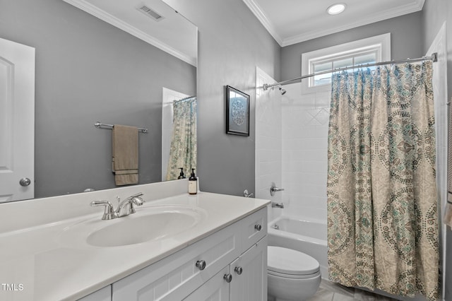 bathroom with vanity, toilet, shower / tub combo, visible vents, and ornamental molding