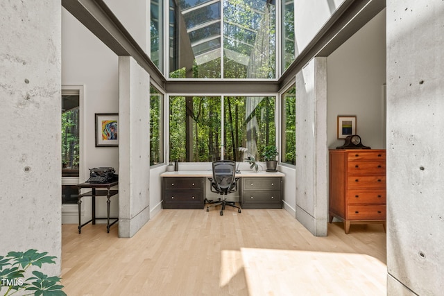 office area featuring light wood-style floors and a high ceiling