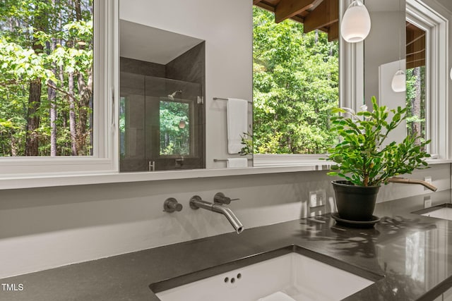 bathroom featuring a stall shower, healthy amount of natural light, and double vanity
