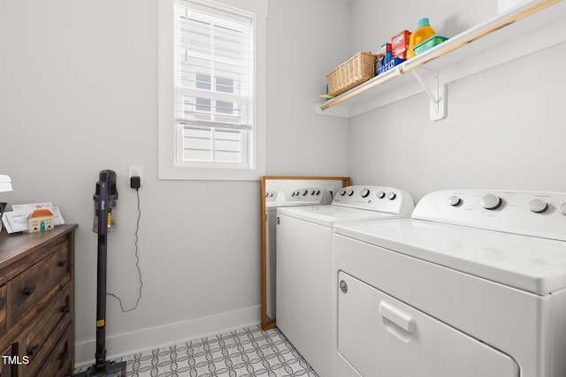 laundry area featuring laundry area, baseboards, and washing machine and dryer