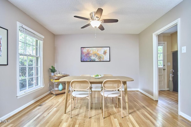 dining area with baseboards, a ceiling fan, light wood-type flooring, and a textured ceiling