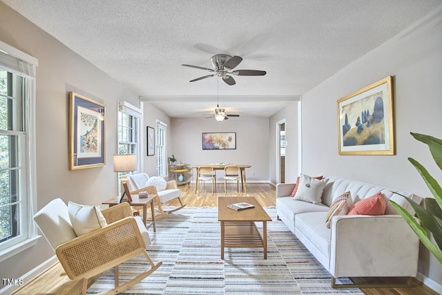 living room featuring a textured ceiling, plenty of natural light, and light wood-style flooring