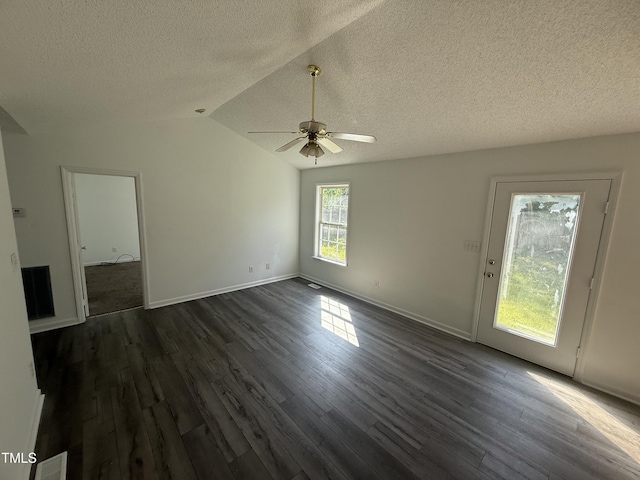 118 Hawthorn Dr, Clayton, NC 27520 - interior space featuring dark wood finished floors, ceiling fan, a textured ceiling, and vaulted ceiling