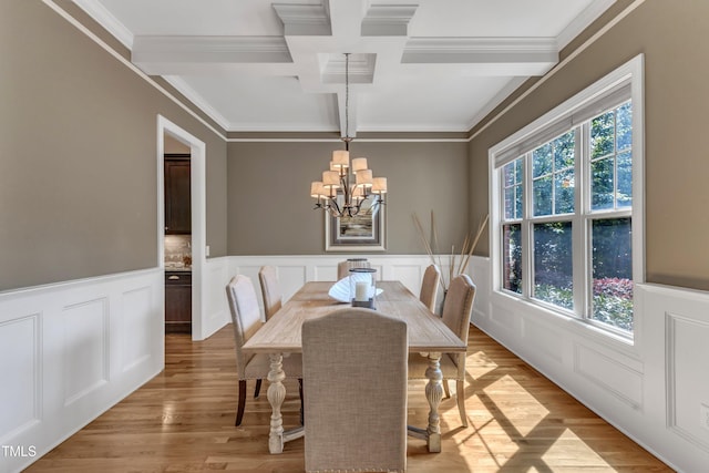dining room with beamed ceiling, a chandelier, ornamental molding, and coffered ceiling