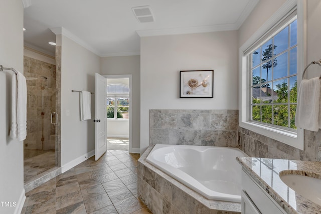 bathroom with visible vents, crown molding, vanity, a bath, and a shower stall