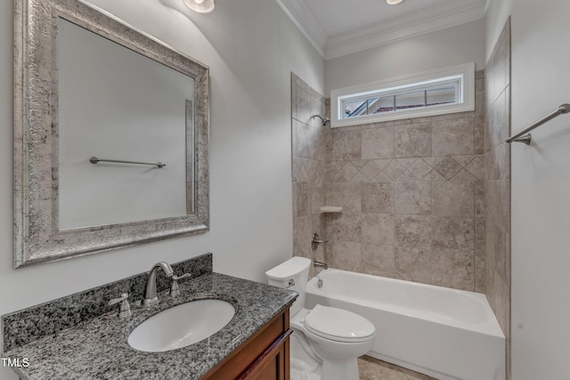 full bath featuring shower / bath combination, vanity, ornamental molding, and toilet