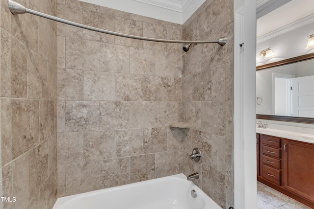 full bath featuring vanity, ornamental molding, and tub / shower combination