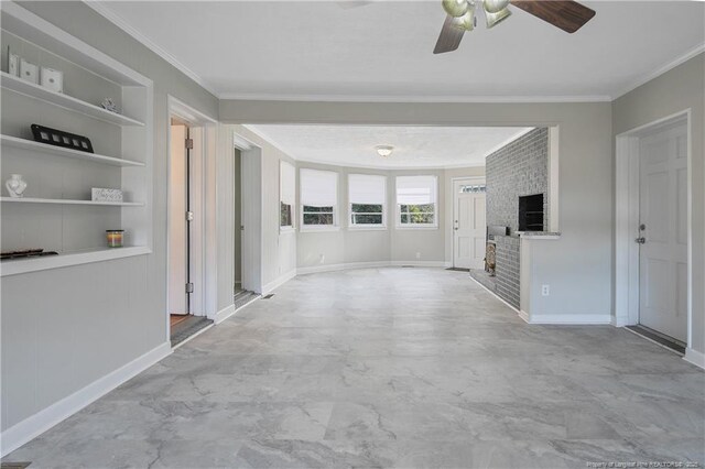 6019 S US Highway 301, Hope Mills, NC 28348 - unfurnished living room with a ceiling fan, baseboards, ornamental molding, and built in shelves