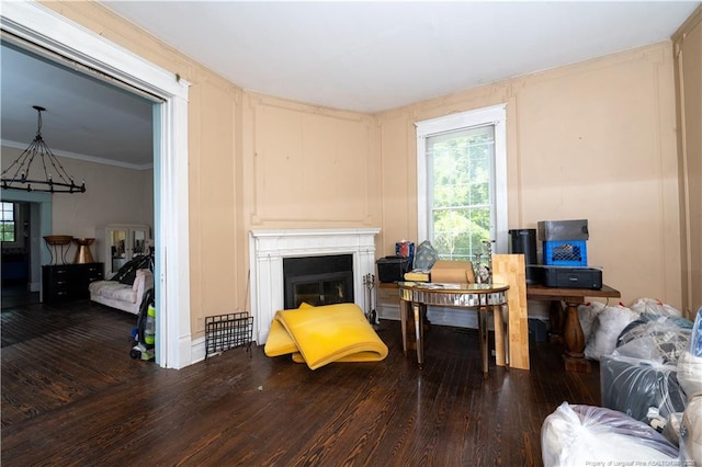 236 E Andrews Ave, Henderson, NC 27536 - living area featuring a notable chandelier, a glass covered fireplace, and wood finished floors