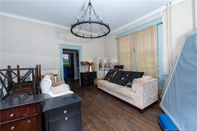 236 E Andrews Ave, Henderson, NC 27536 - living area with crown molding, an inviting chandelier, and dark wood finished floors