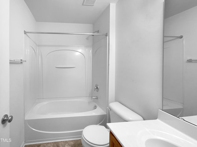 full bath with vanity, visible vents, toilet, and shower / washtub combination