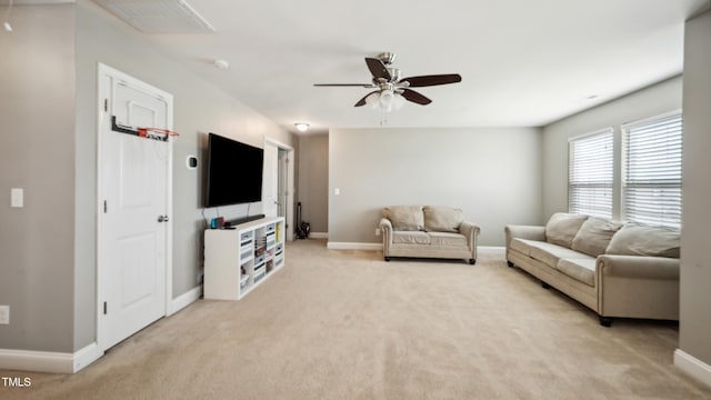 912 Beech Glen Dr, Mebane, NC 27302 - living room with ceiling fan, light colored carpet, baseboards, and visible vents