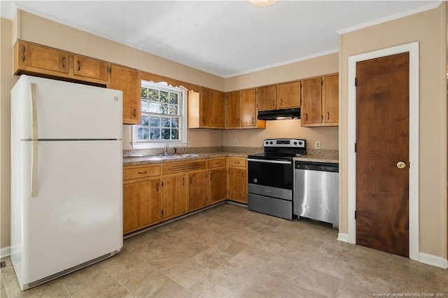 1001 Arberdale, Fayetteville, NC 28304 - kitchen featuring brown cabinetry, crown molding, under cabinet range hood, a sink, and appliances with stainless steel finishes