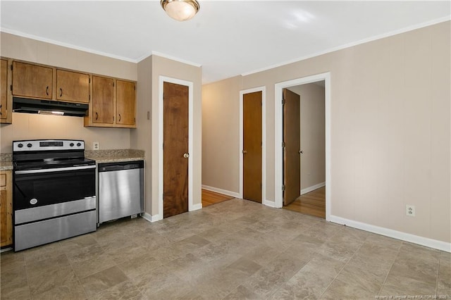 1001 Arberdale, Fayetteville, NC 28304 - kitchen with brown cabinetry, crown molding, baseboards, under cabinet range hood, and appliances with stainless steel finishes