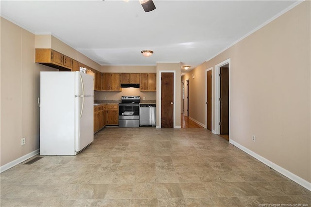 1001 Arberdale, Fayetteville, NC 28304 - kitchen featuring brown cabinetry, baseboards, under cabinet range hood, a ceiling fan, and stainless steel appliances