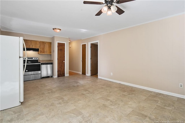 1001 Arberdale, Fayetteville, NC 28304 - kitchen featuring a ceiling fan, appliances with stainless steel finishes, brown cabinets, baseboards, and under cabinet range hood