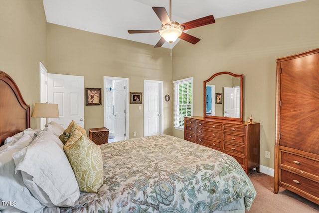 11 Bridgeport Dr, Durham, NC 27713 - bedroom with a ceiling fan, baseboards, light carpet, and a towering ceiling