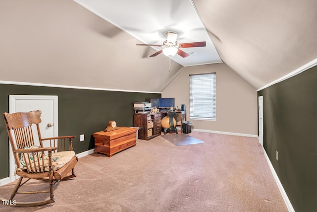 11 Bridgeport Dr, Durham, NC 27713 - carpeted office featuring baseboards, ceiling fan, and lofted ceiling