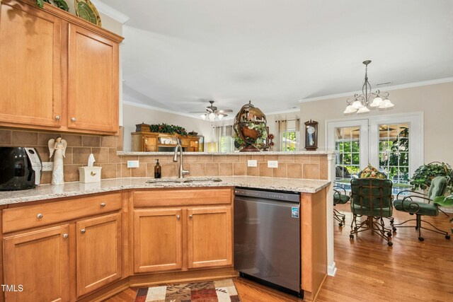 kitchen featuring crown molding, tasteful backsplash, dishwasher, a sink, and a peninsula