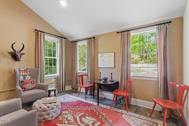 living area with baseboards, vaulted ceiling, and stone finish floor