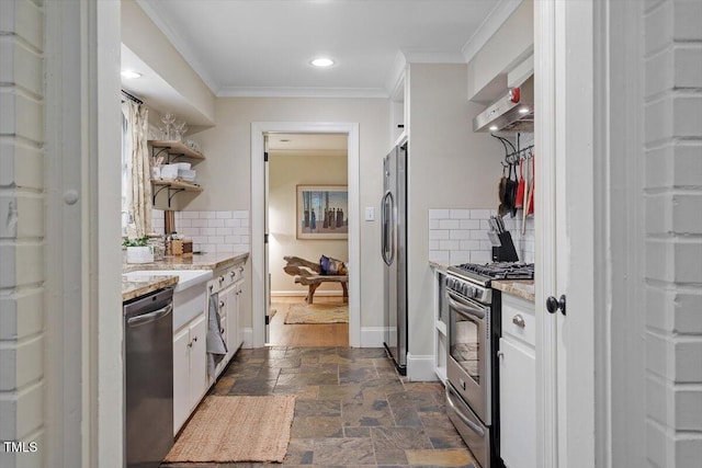 kitchen with open shelves, decorative backsplash, appliances with stainless steel finishes, and ornamental molding