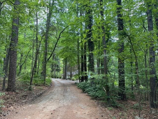 view of street with a forest view