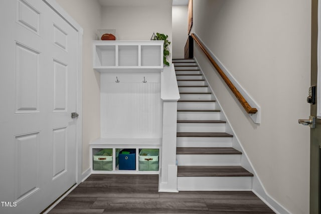 mudroom with baseboards and wood finished floors
