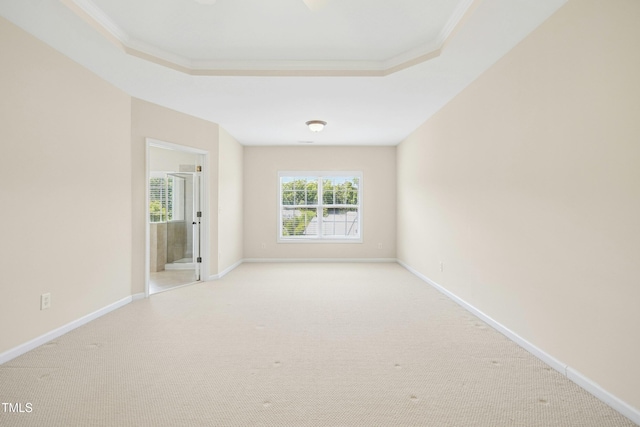 spare room with light colored carpet, a raised ceiling, baseboards, and crown molding