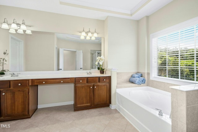 bathroom featuring double vanity, a bath, a stall shower, a sink, and a notable chandelier