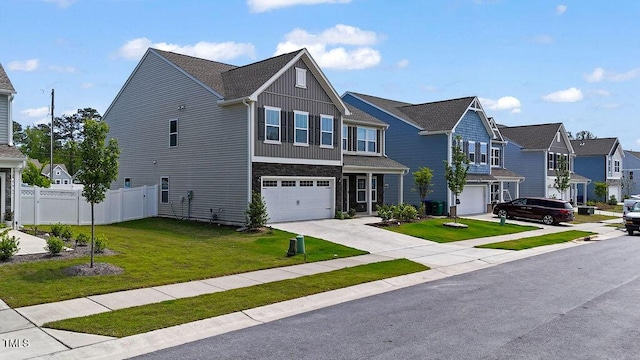 view of front of house featuring an attached garage, driveway, a residential view, board and batten siding, and stone siding